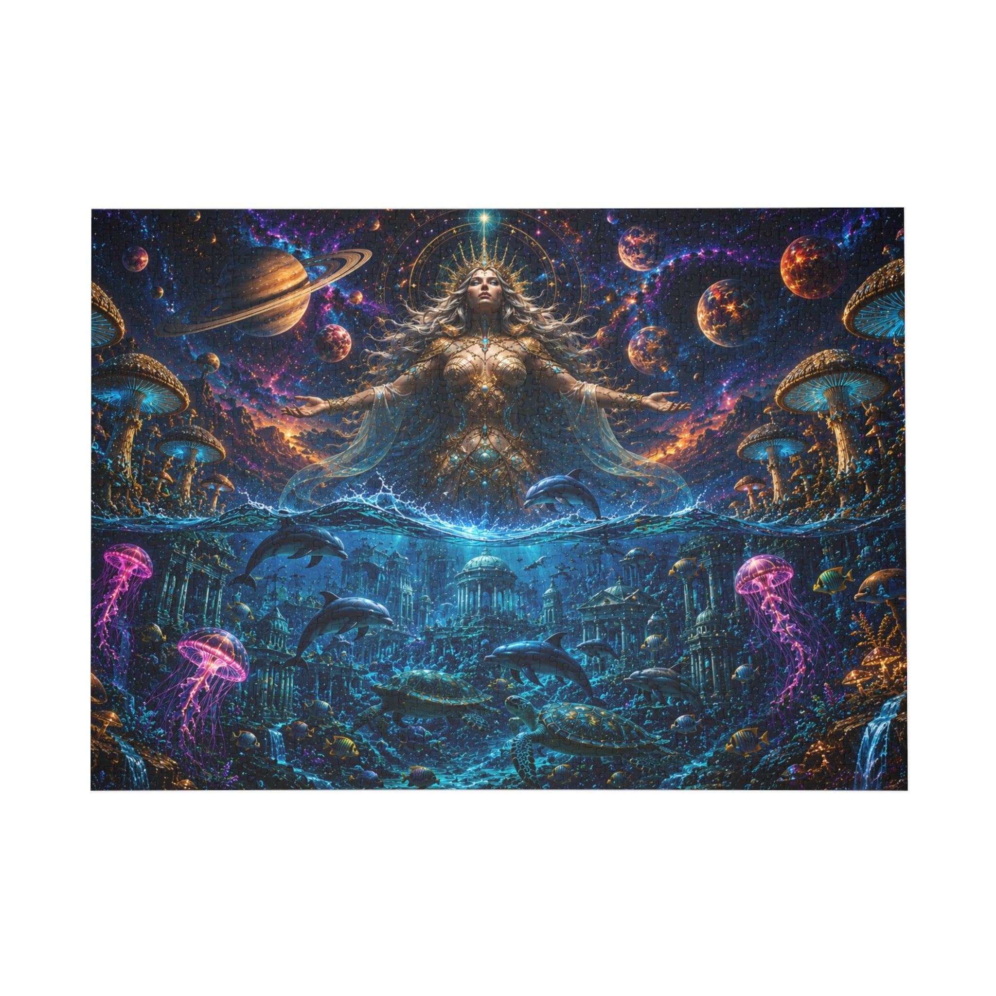 Cosmic Ocean Goddess Jigsaw Puzzle — Mystical Space & Sea Art (96–1000 pcs)