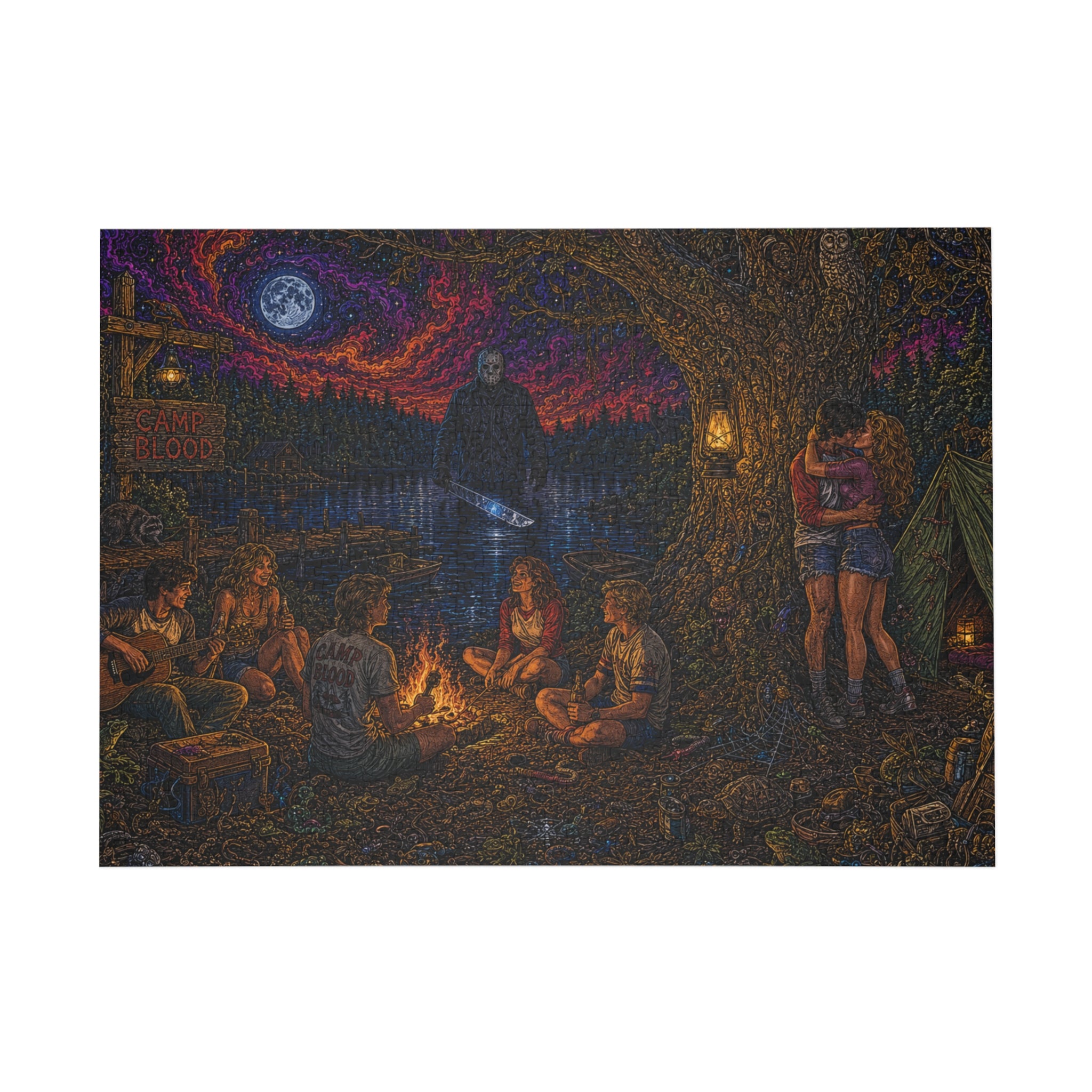 "The Crystal Lake Sentinel" Camping Night Horror Puzzle — Spooky Campfire Scene 252, 500, 1000 pcs)
