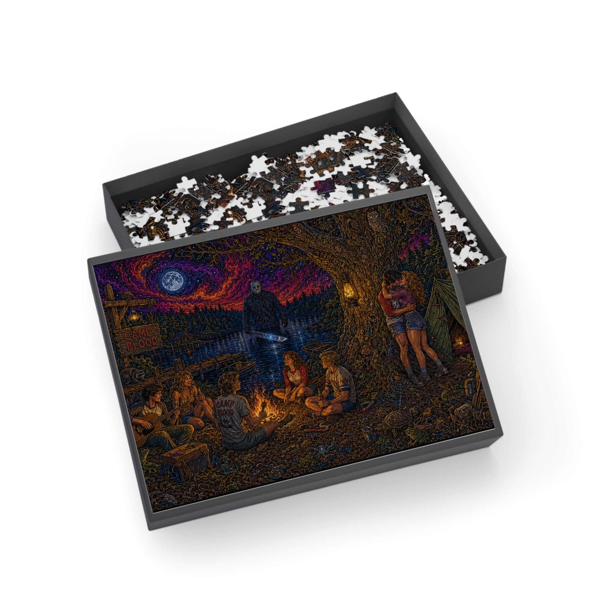 "The Crystal Lake Sentinel" Camping Night Horror Puzzle — Spooky Campfire Scene (96–1000 pcs)
