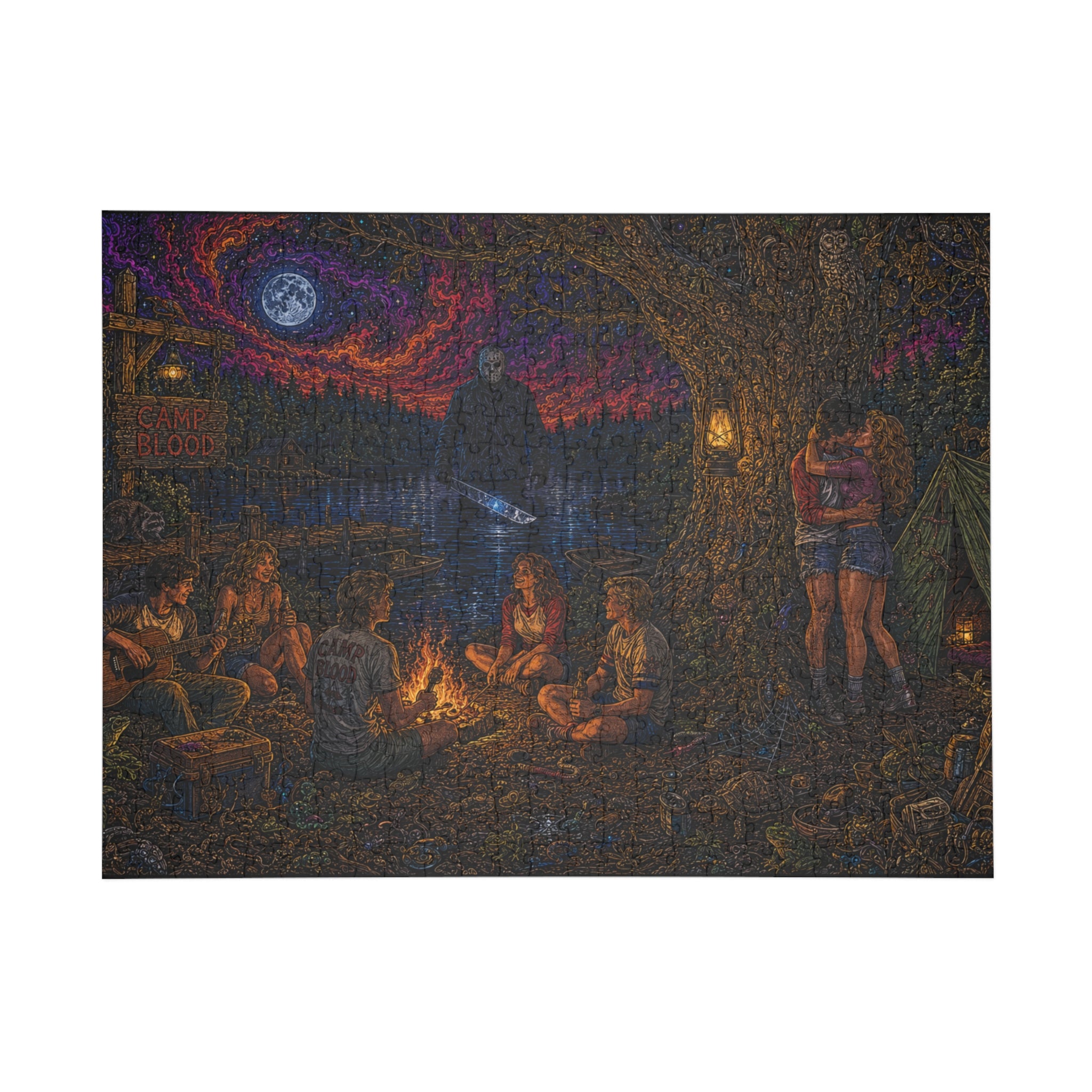 "The Crystal Lake Sentinel" Camping Night Horror Puzzle — Spooky Campfire Scene 252, 500, 1000 pcs)